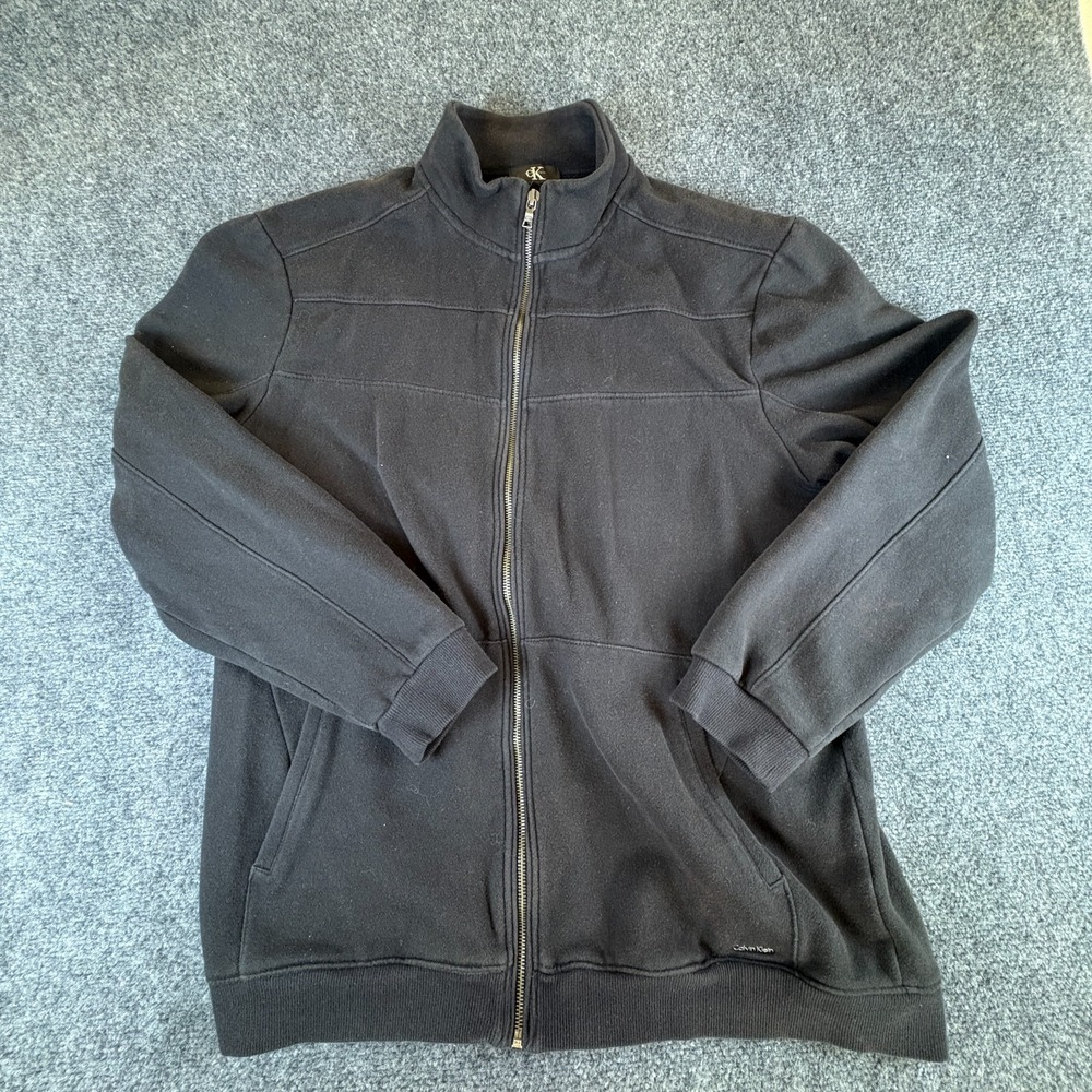 Calvin Klein Sweater Jacket Mens XL Black Fleece Lined Cotton Mock Neck Full Zip